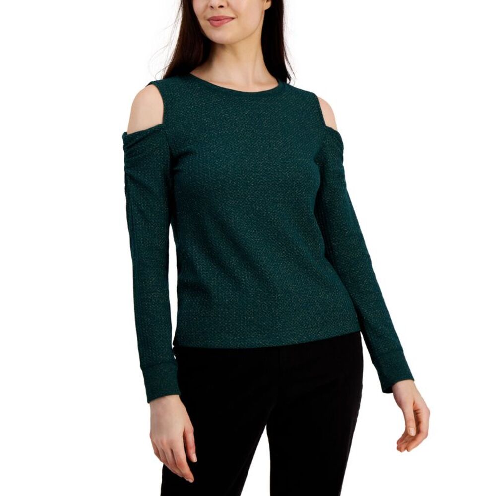Tommy Hilfiger Womens Metallic Waffled Cold Shoulder Shirt